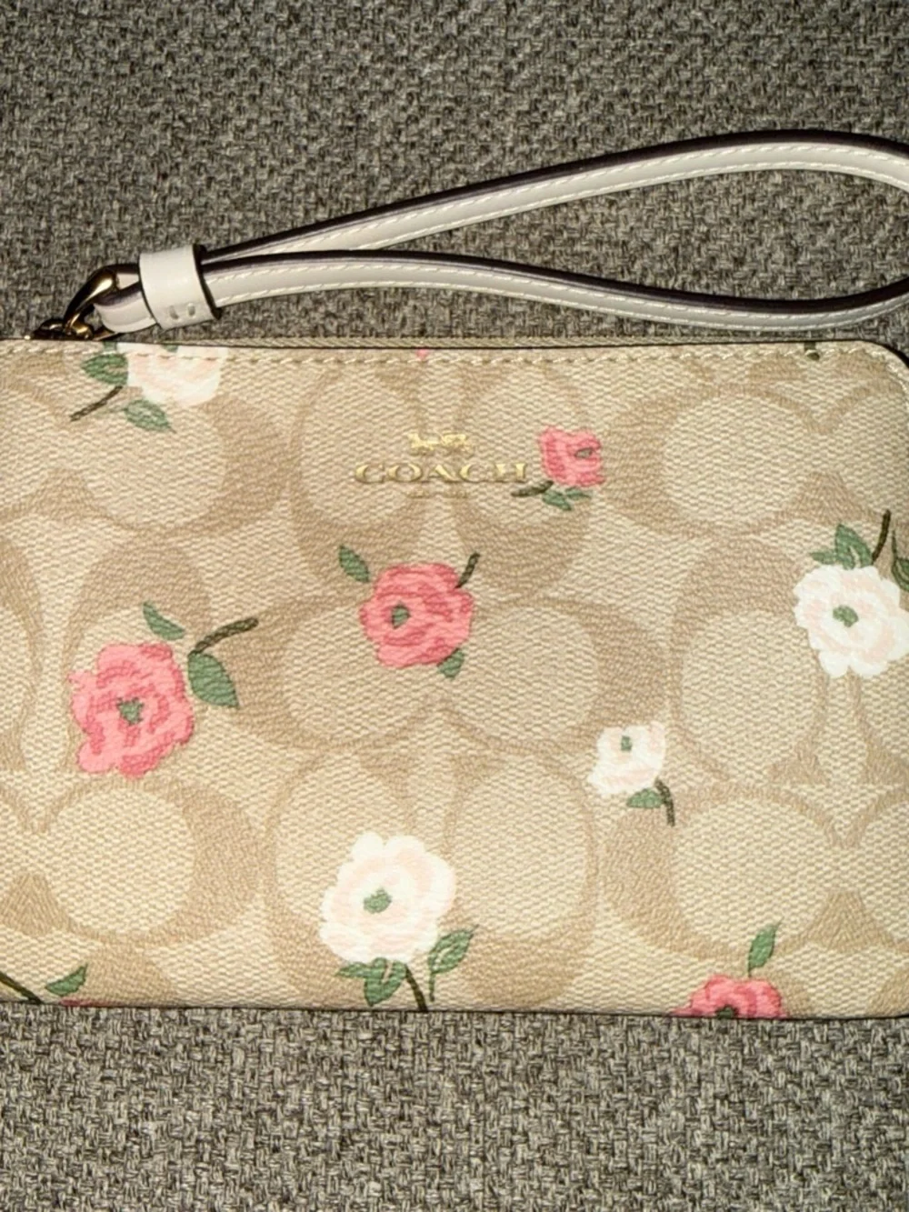 Coach Beige Signature Floral Wristlet with Pink & Cream Flowers